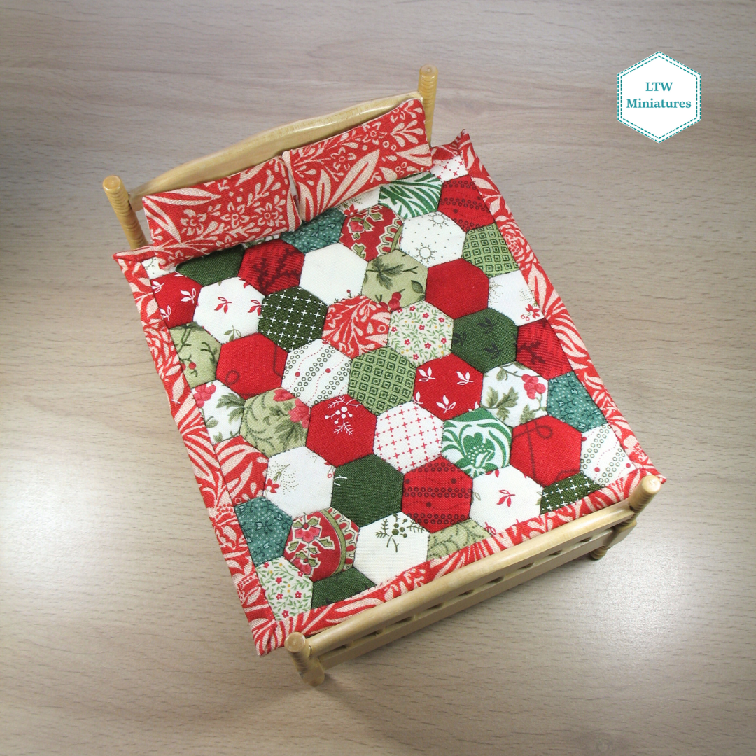 Christmas Hexie Dollhouse Miniature Quilt and Pillows for 1:12 Single Bed