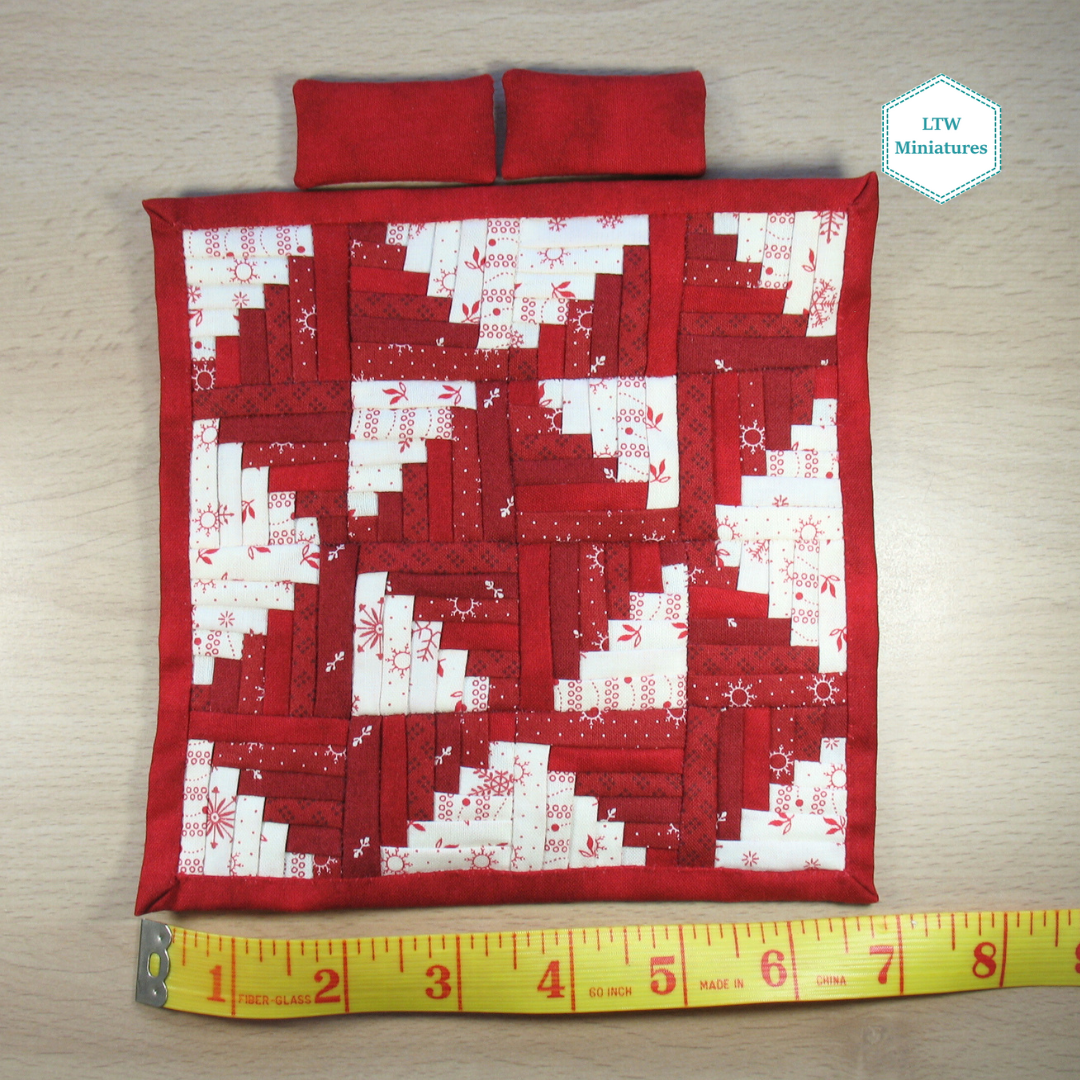 Christmas Dollhouse Miniature Quilt - Red and White Log Cabin - and Pillows for 1:12 Double Bed