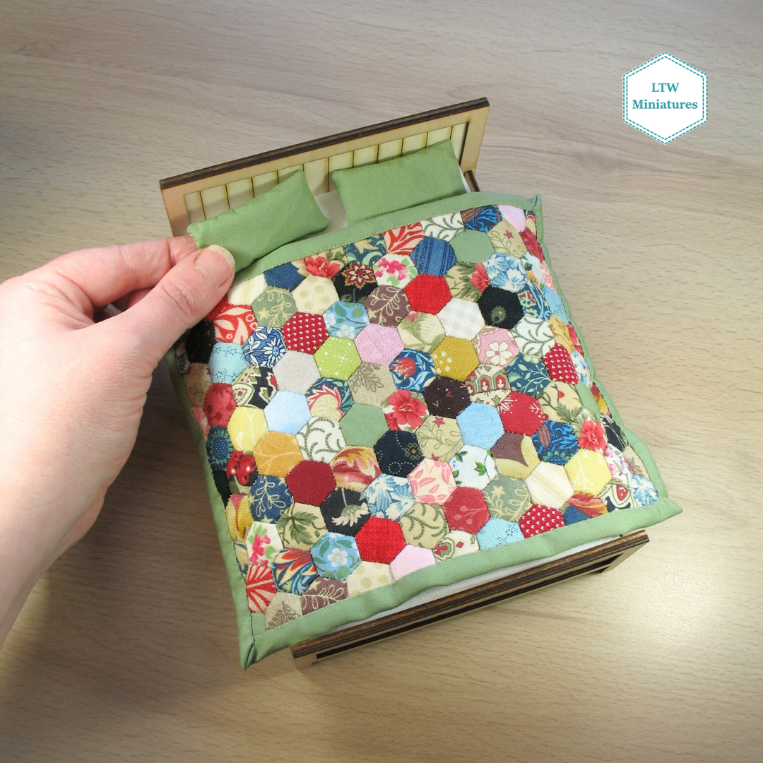 Scrappy 3/8" Hexies Double Quilt and Pillows for 1:12 Dollhouse