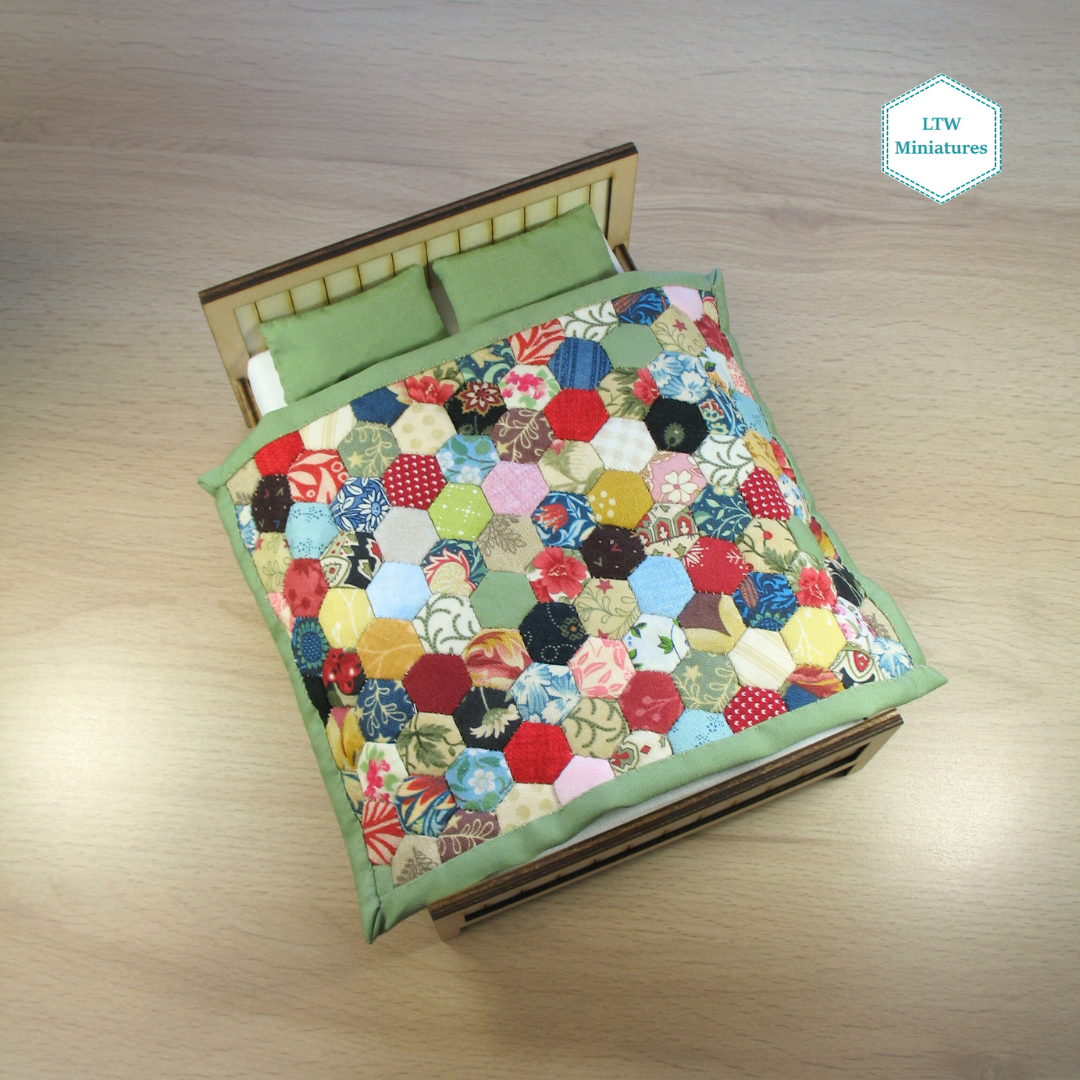 Scrappy 3/8" Hexies Double Quilt and Pillows for 1:12 Dollhouse