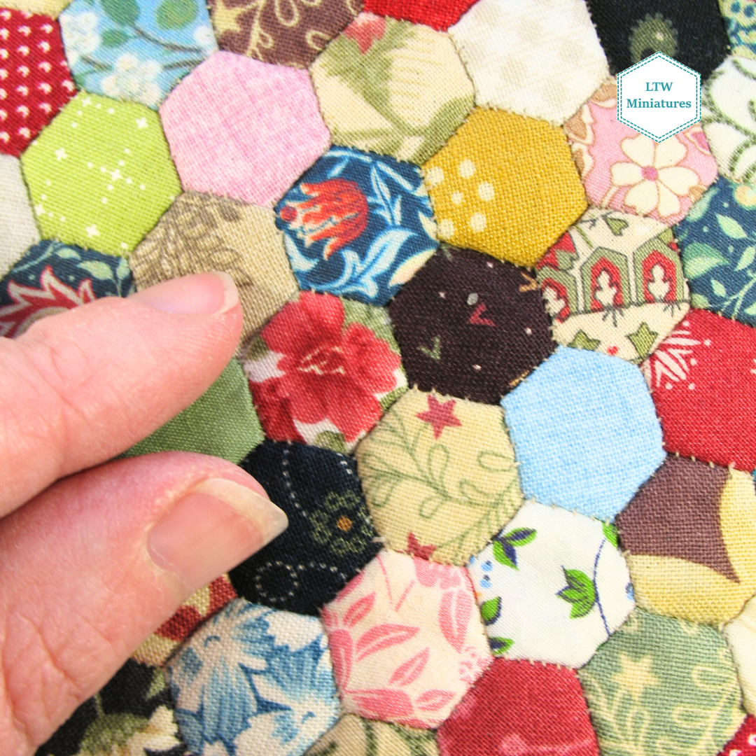 Scrappy 3/8" Hexies Double Quilt and Pillows for 1:12 Dollhouse