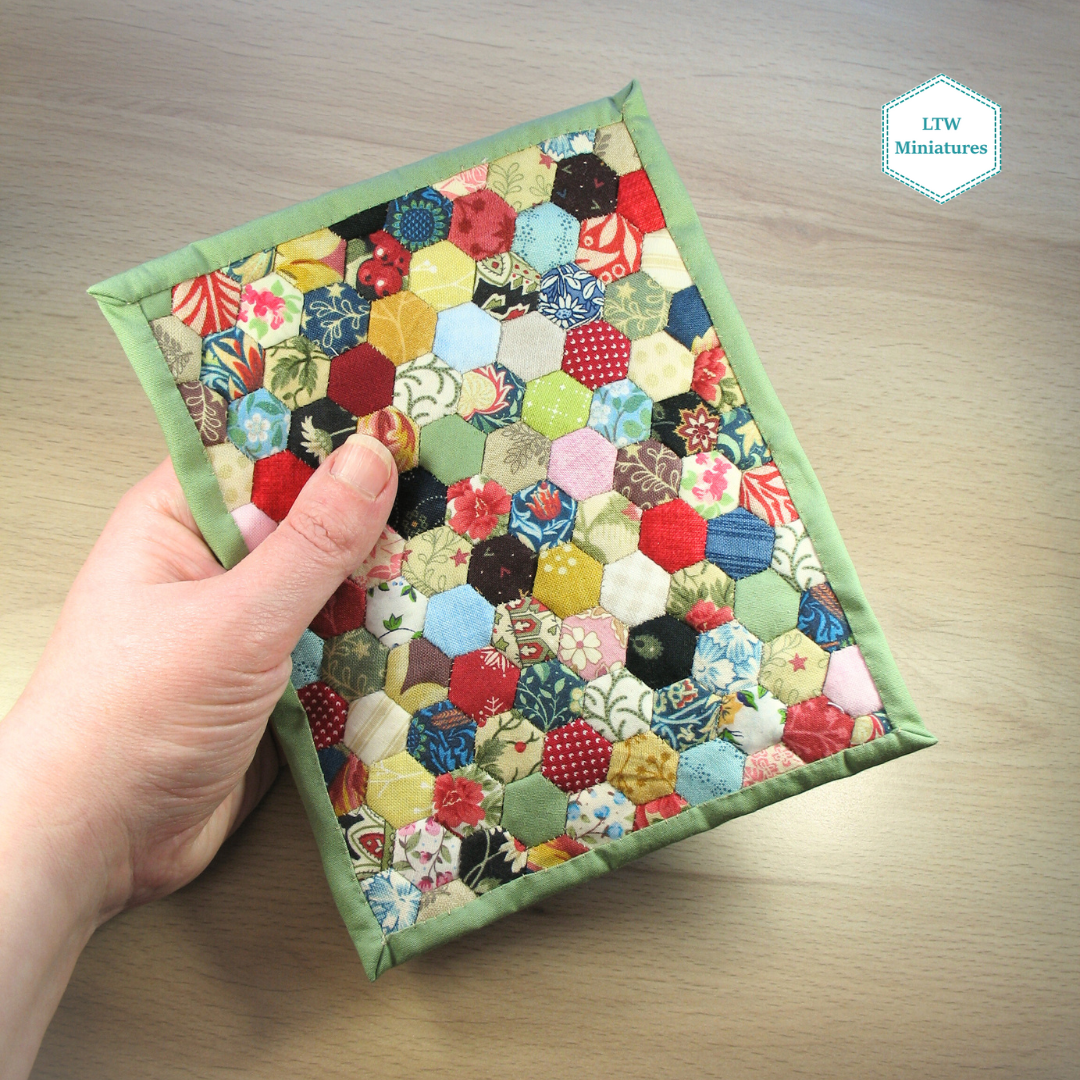 Scrappy 3/8" Hexies Double Quilt and Pillows for 1:12 Dollhouse