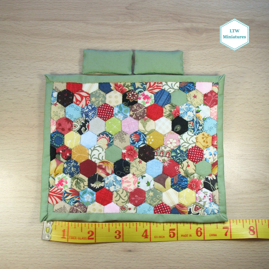 Scrappy 3/8" Hexies Double Quilt and Pillows for 1:12 Dollhouse