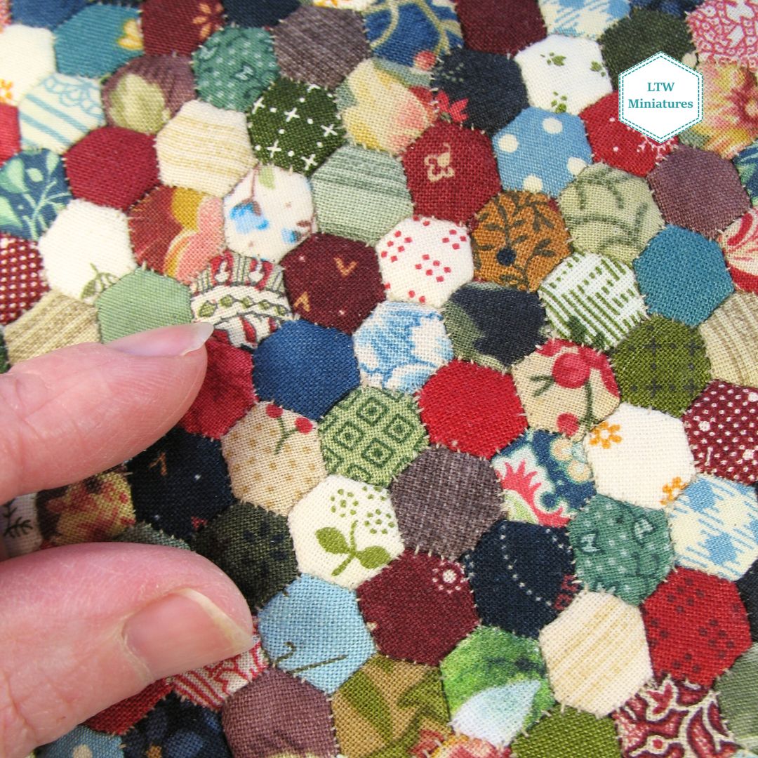 Scrappy Hexies Double Quilt and Pillows for 1:12 Dollhouse