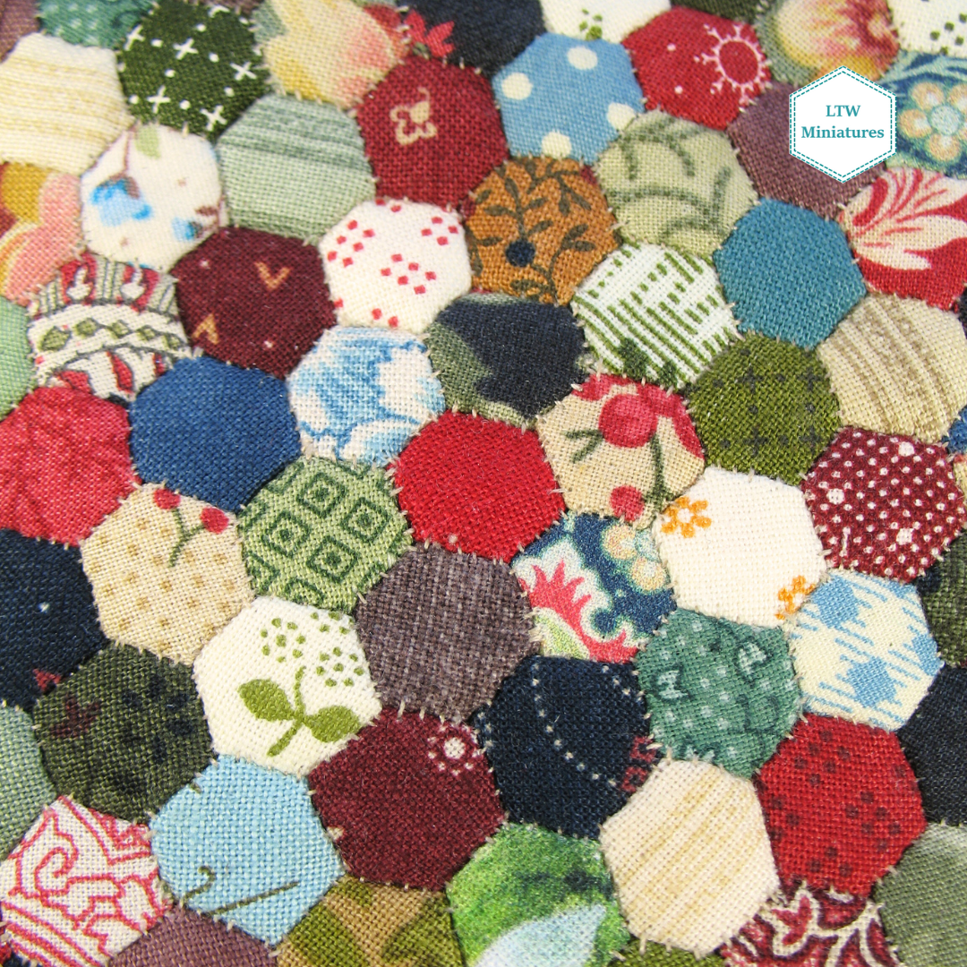 Scrappy Hexies Double Quilt and Pillows for 1:12 Dollhouse