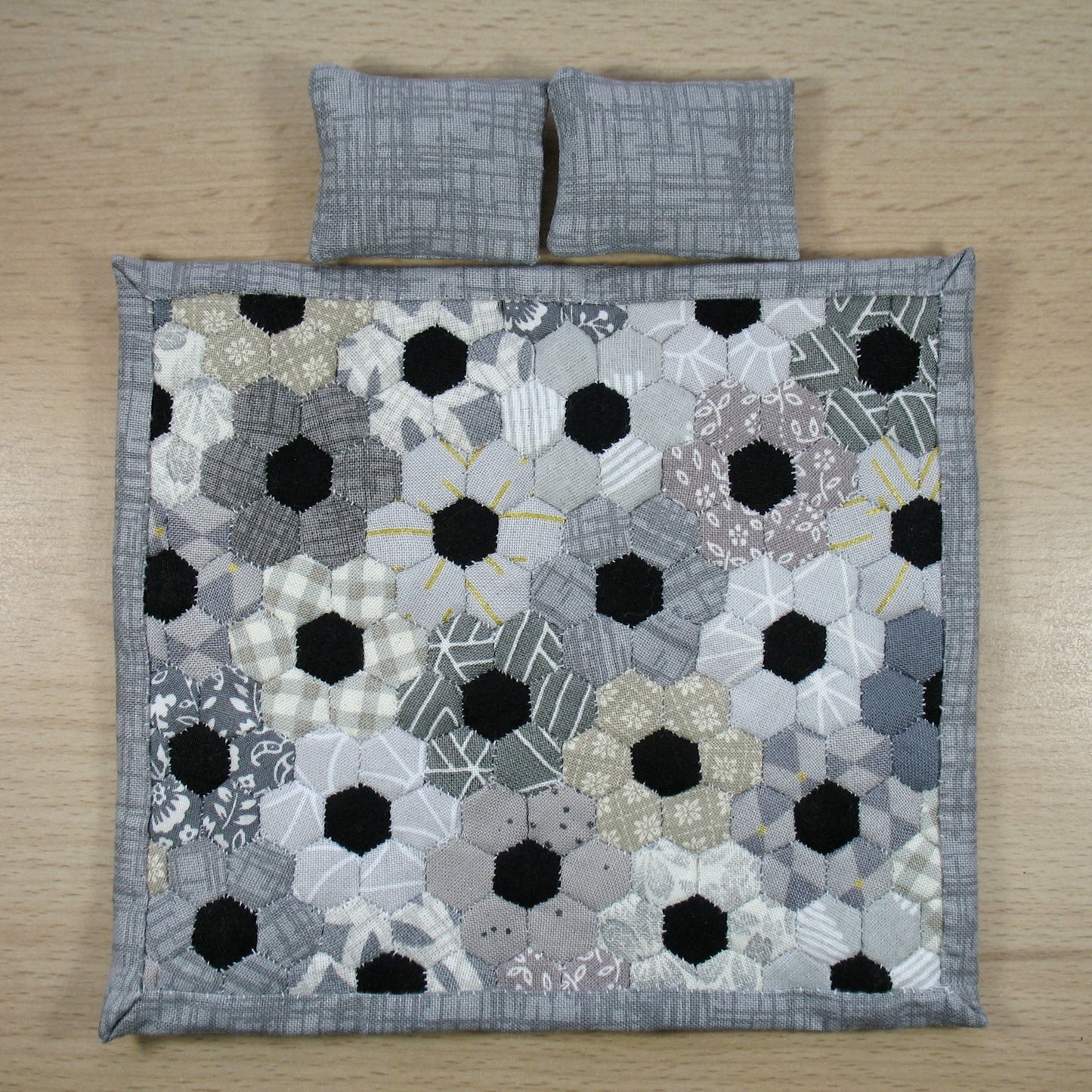 Grey Flowers Single Quilt and Pillows for 1:12 Dollhouse