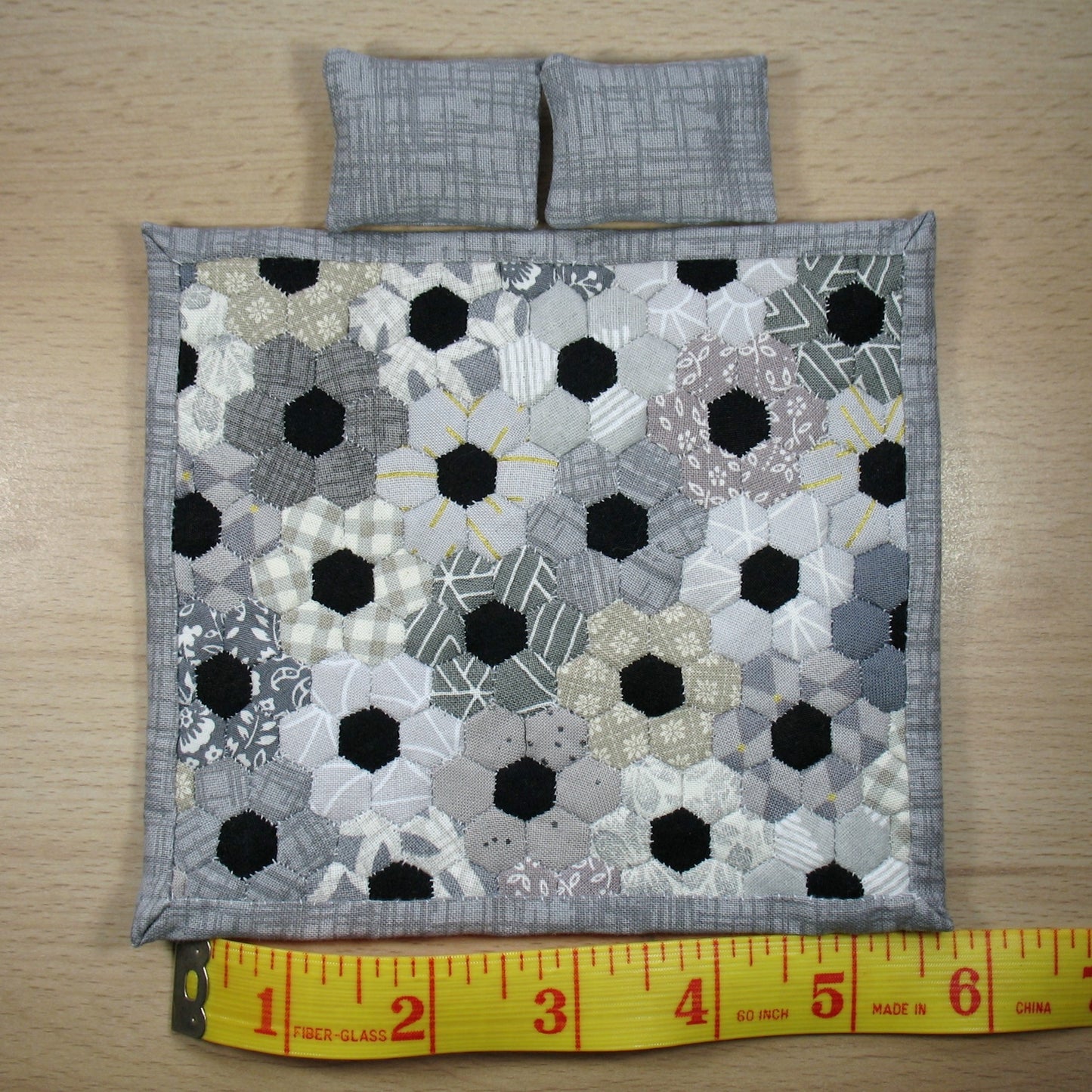 Grey Flowers Single Quilt and Pillows for 1:12 Dollhouse