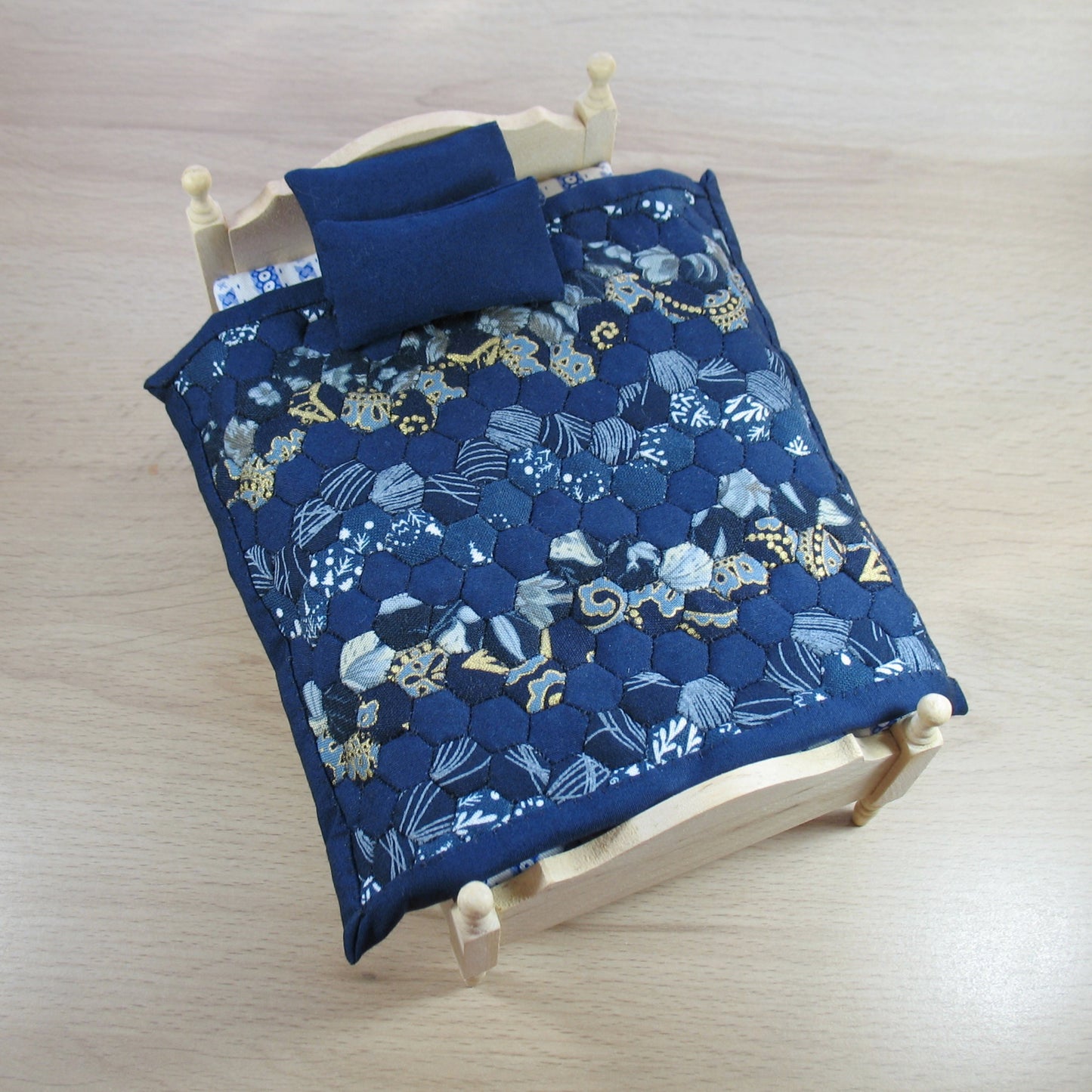 Navy Blue Hexie Zigzag Single Quilt and Pillows for 1:12 Dollhouse