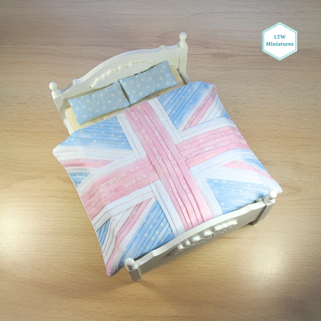 Pastel Union Jack Quilt and Pillows for 1:12 Dollhouse