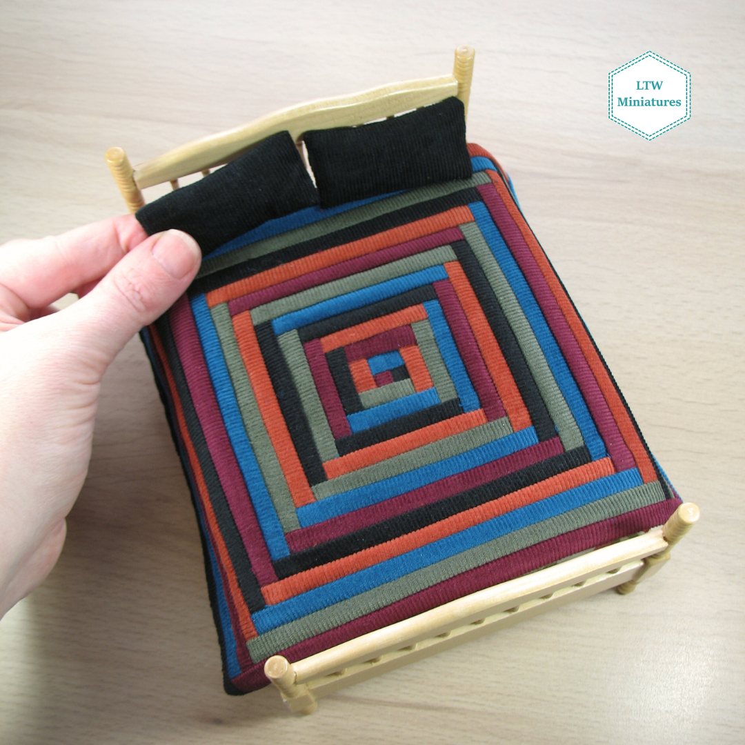 Dark Corduroy Log Cabin Quilt and Pillows for 1:12 Dollhouse
