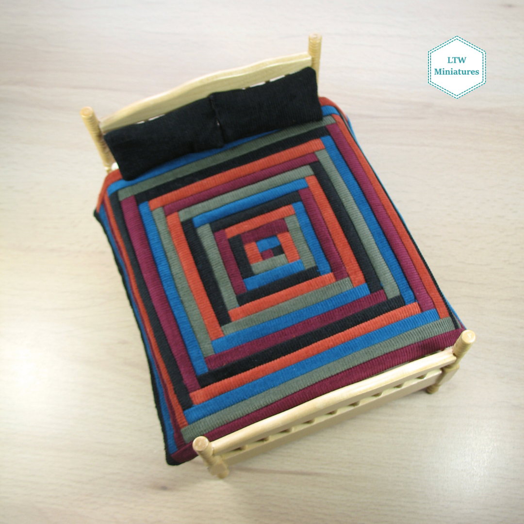 Dark Corduroy Log Cabin Quilt and Pillows for 1:12 Dollhouse