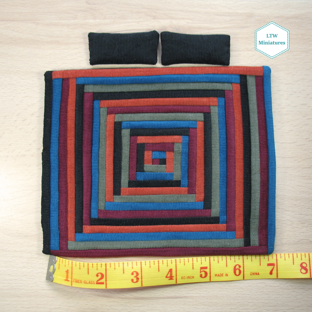 Dark Corduroy Log Cabin Quilt and Pillows for 1:12 Dollhouse