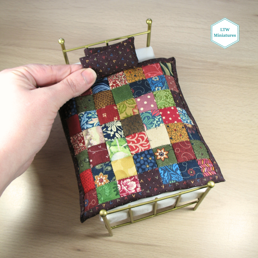 Scrappy Dark Squares Single Quilt and Pillows for 1:12 Dollhouse