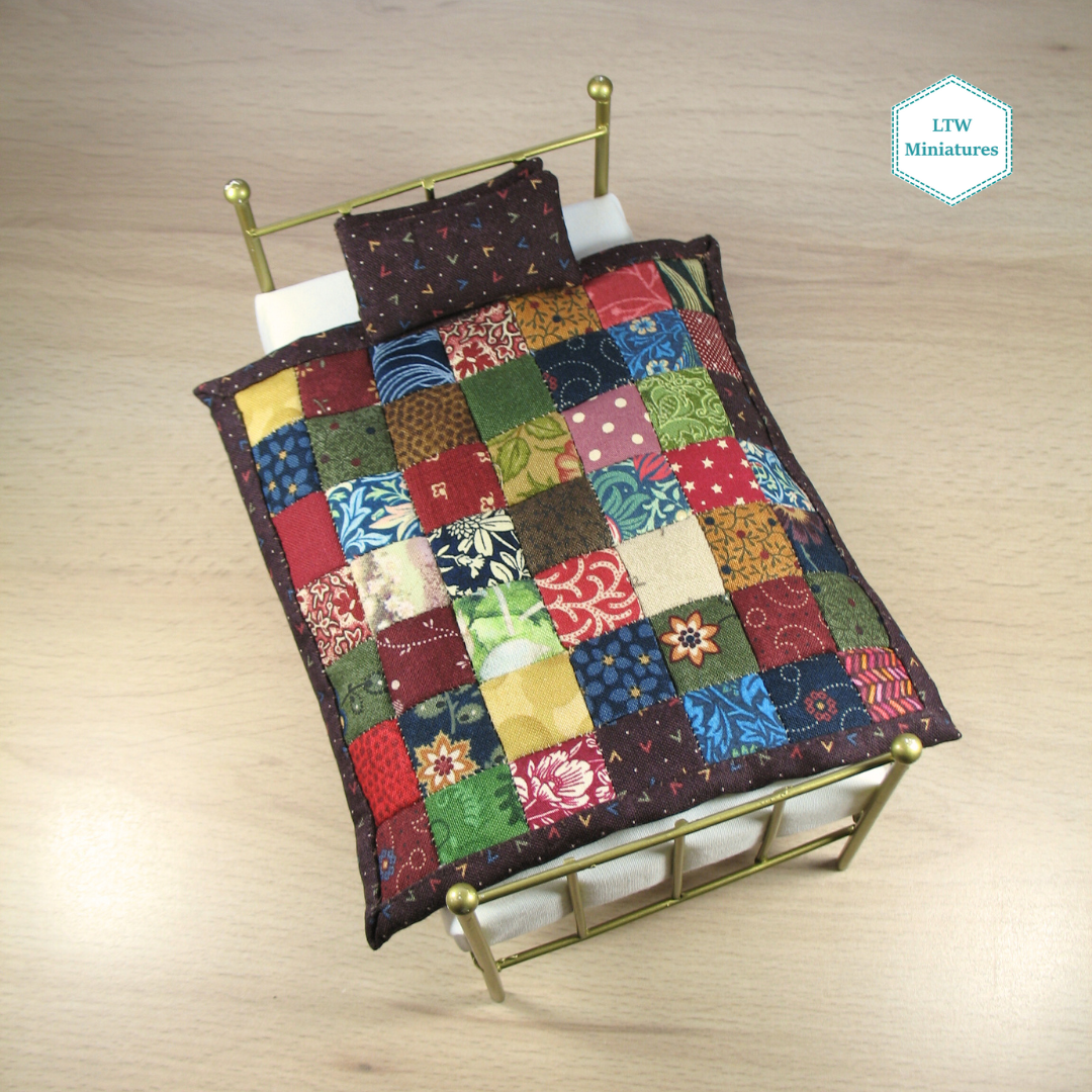 Scrappy Dark Squares Single Quilt and Pillows for 1:12 Dollhouse