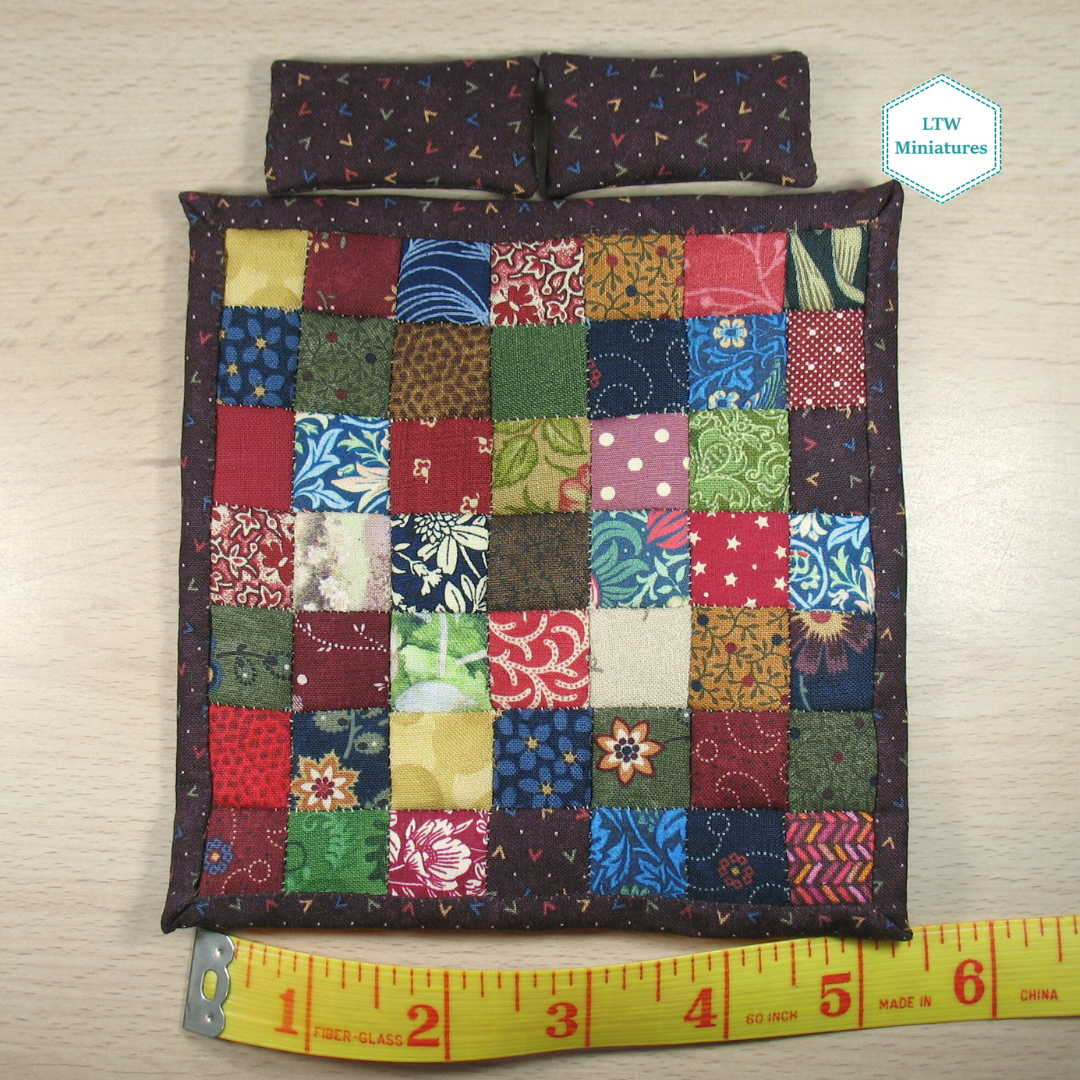 Scrappy Dark Squares Single Quilt and Pillows for 1:12 Dollhouse