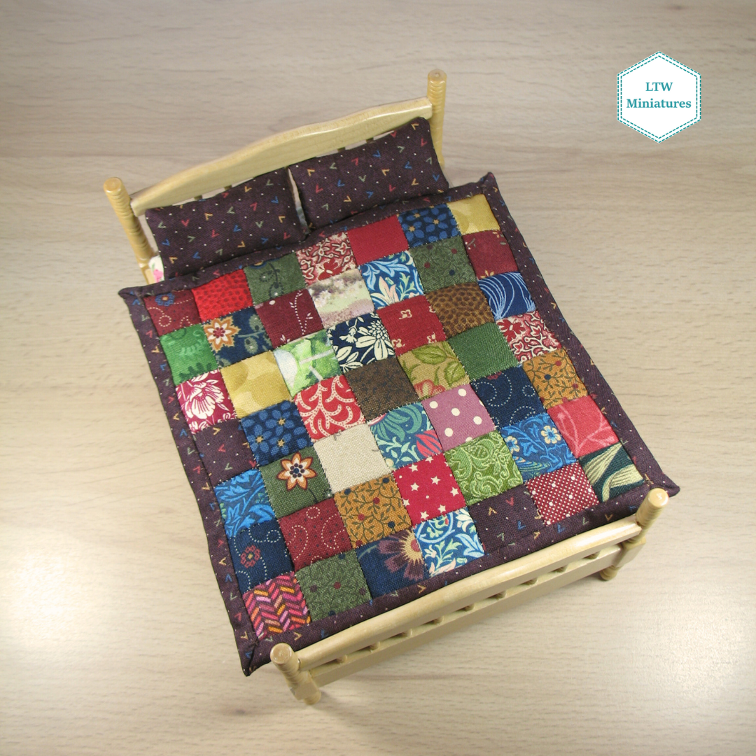 Scrappy Dark Squares Single Quilt and Pillows for 1:12 Dollhouse