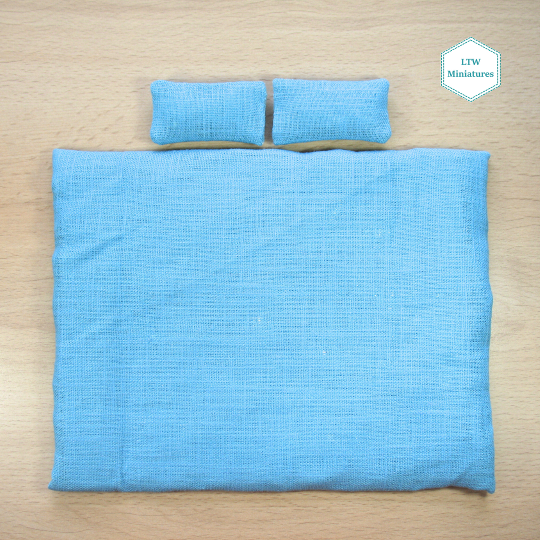 Duck Egg Blue Crosses Double Quilt and Pillows for 1:12 Dollhouse