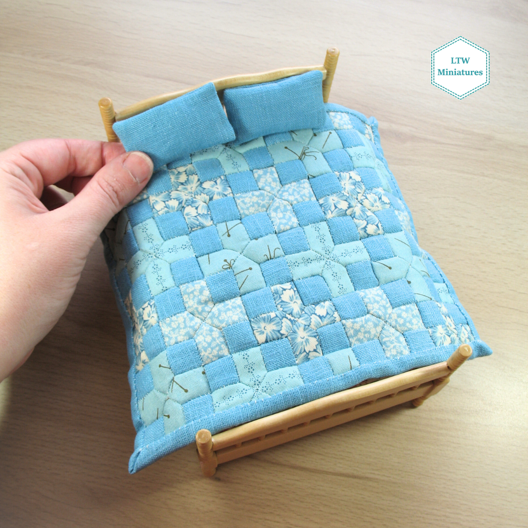 Duck Egg Blue Crosses Double Quilt and Pillows for 1:12 Dollhouse