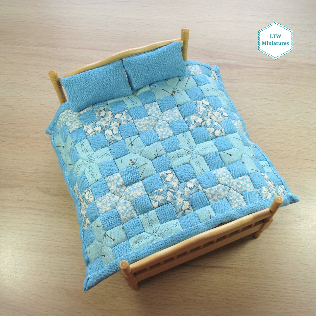 Duck Egg Blue Crosses Double Quilt and Pillows for 1:12 Dollhouse