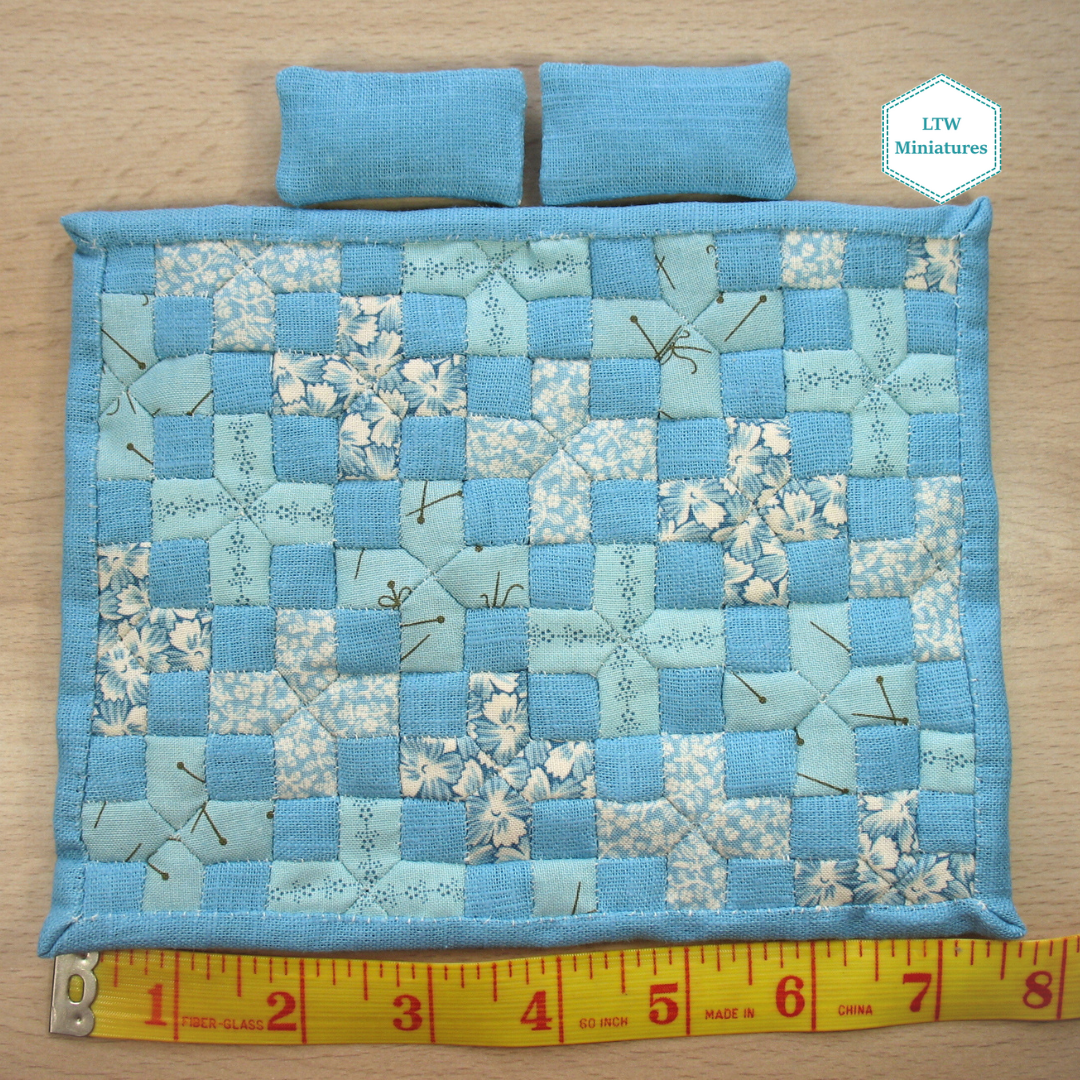 Duck Egg Blue Crosses Double Quilt and Pillows for 1:12 Dollhouse