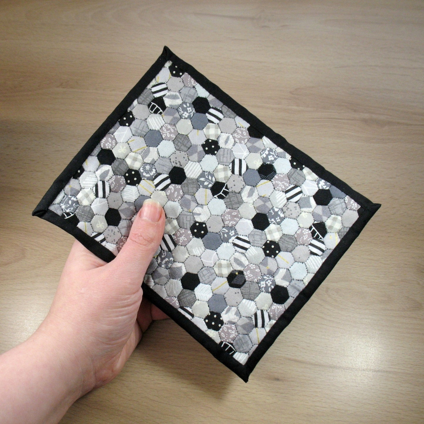 Black and Grey Hexies Double Quilt and Pillows for 1:12 Dollhouse