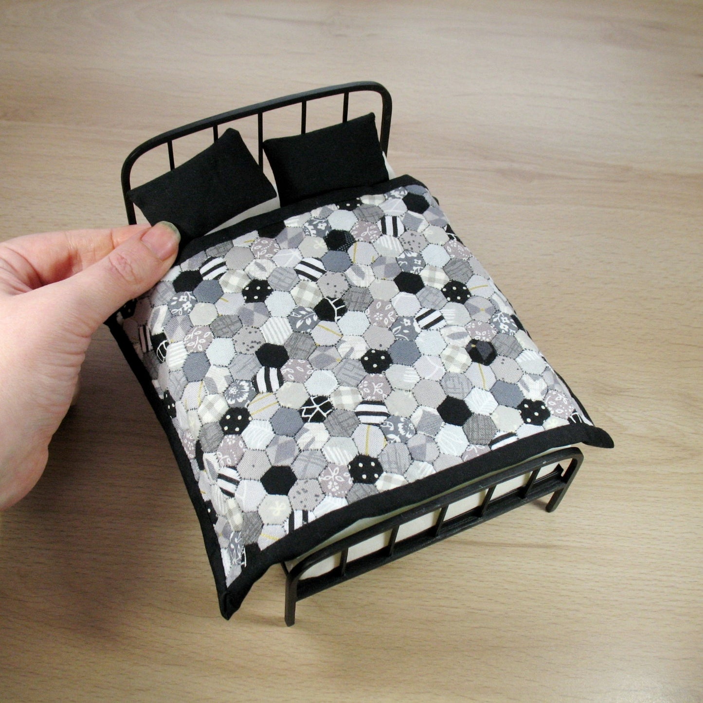 Black and Grey Hexies Double Quilt and Pillows for 1:12 Dollhouse