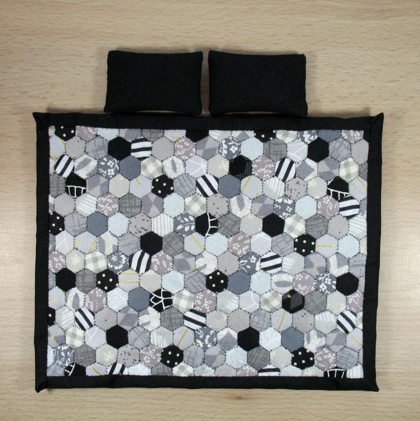 Black and Grey Hexies Double Quilt and Pillows for 1:12 Dollhouse
