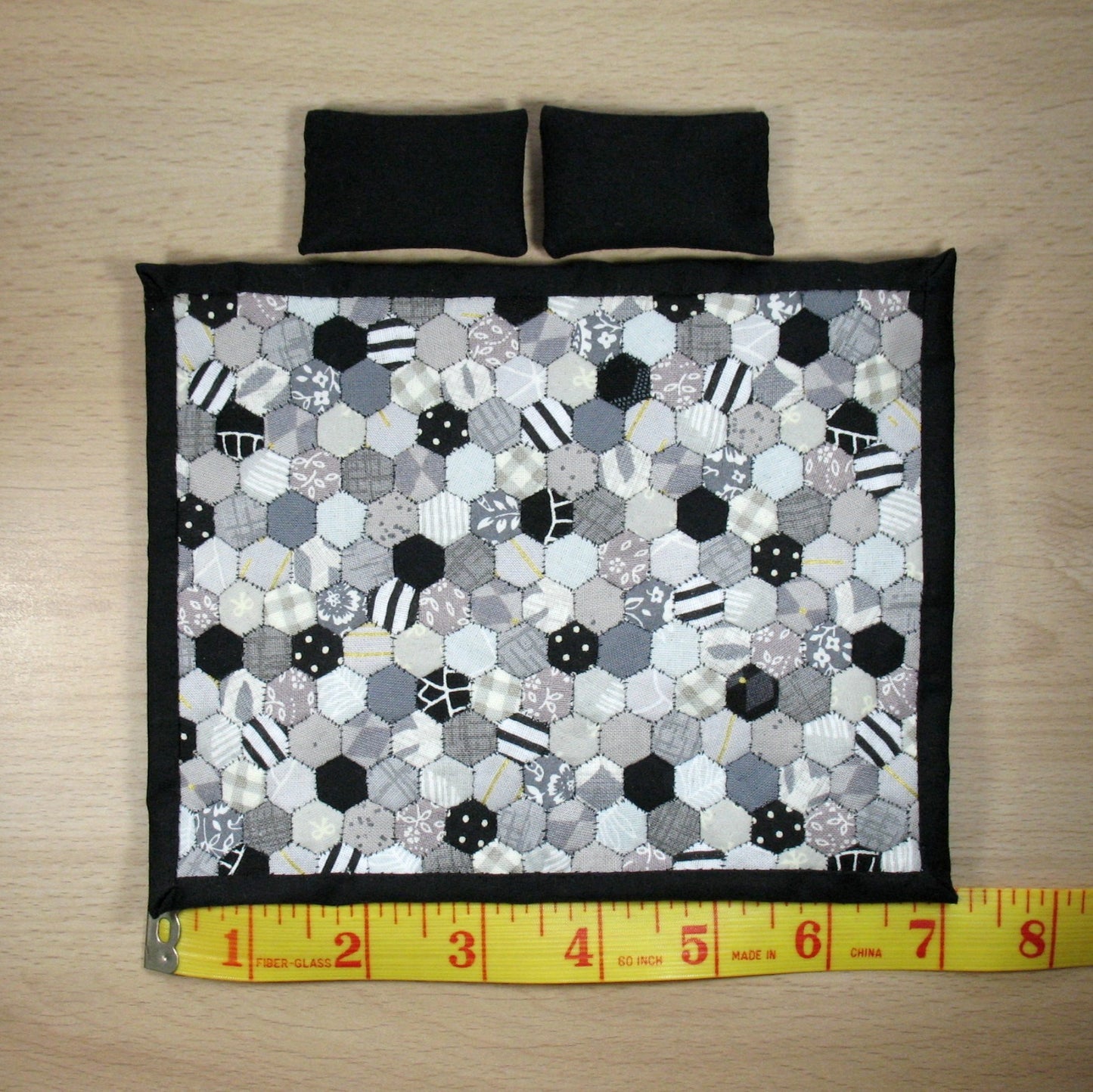Black and Grey Hexies Double Quilt and Pillows for 1:12 Dollhouse