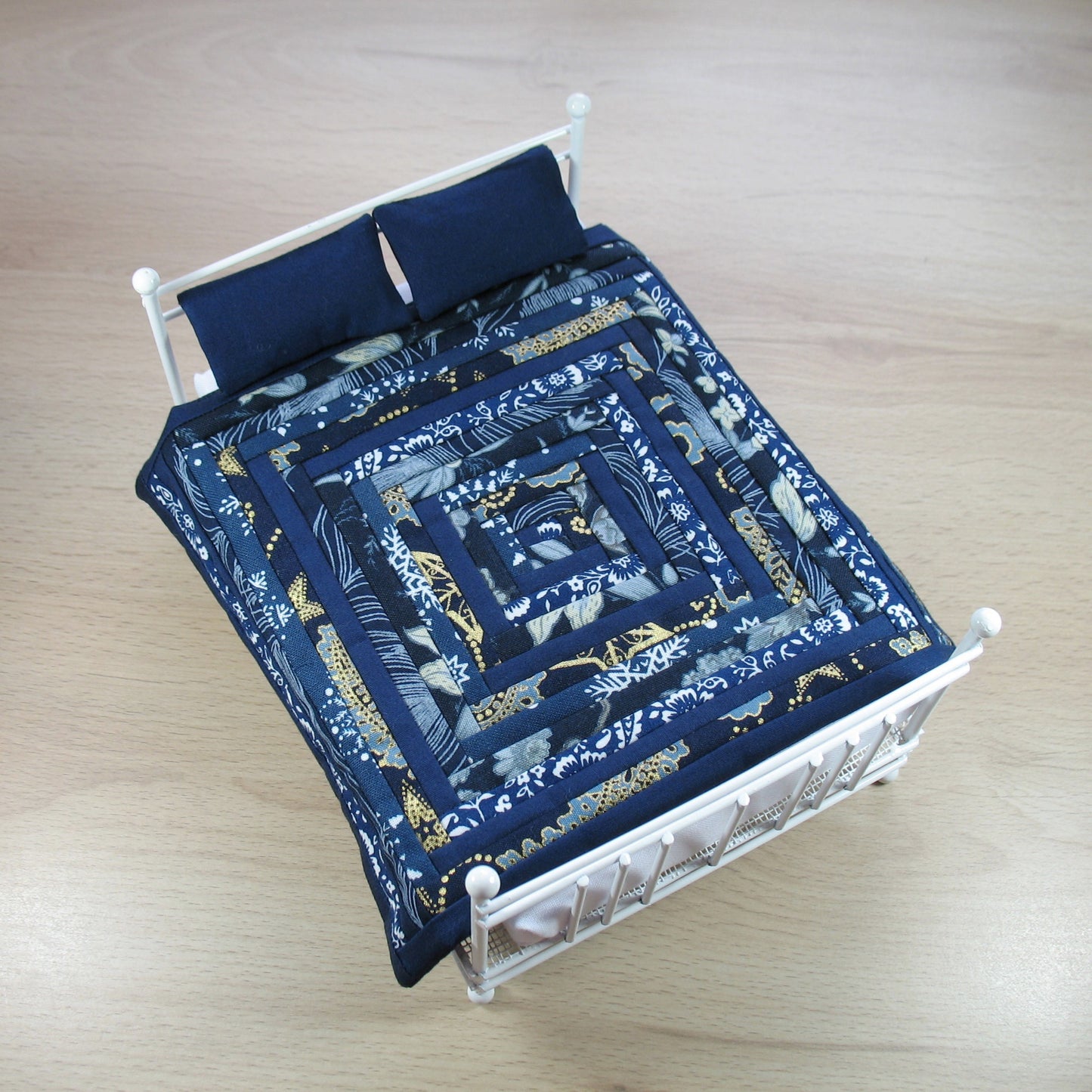 Navy Blue Log Cabin Double Quilt and Pillows for 1:12 Dollhouse