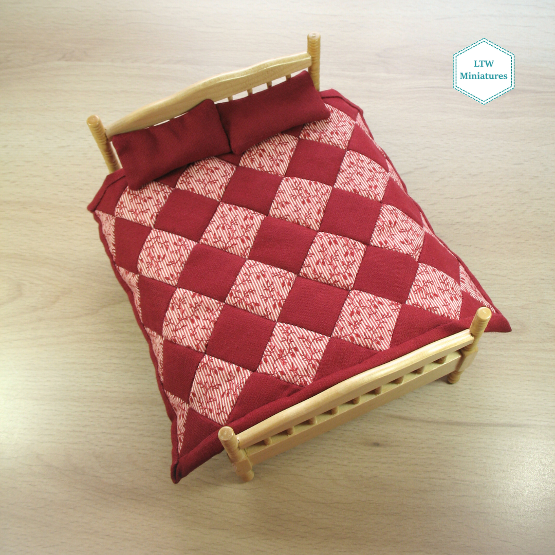 Red Diamonds Double Quilt and Pillows for 1:12 Dollhouse