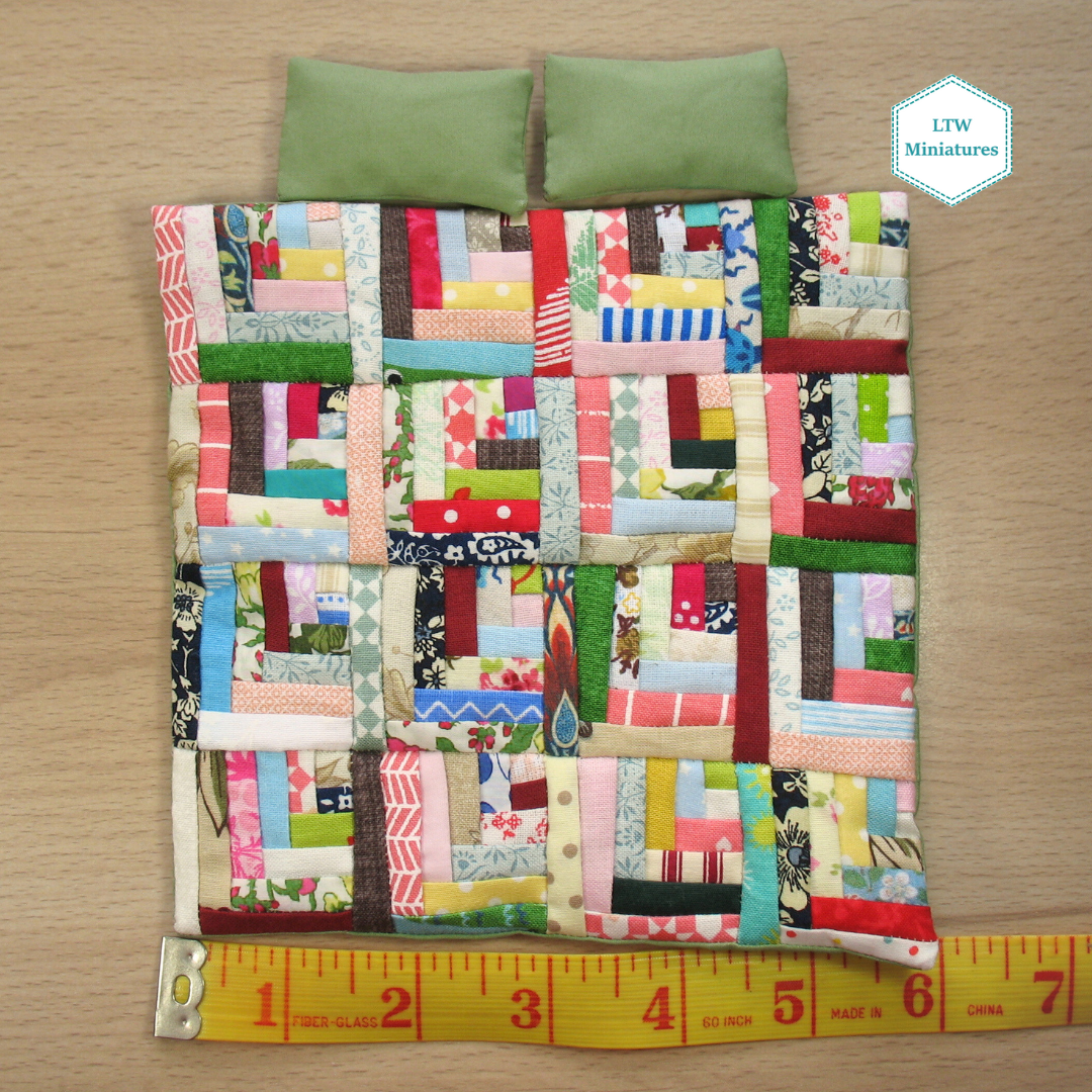 Scrappy Log Cabin Single Quilt and Pillows for 1:12 Dollhouse
