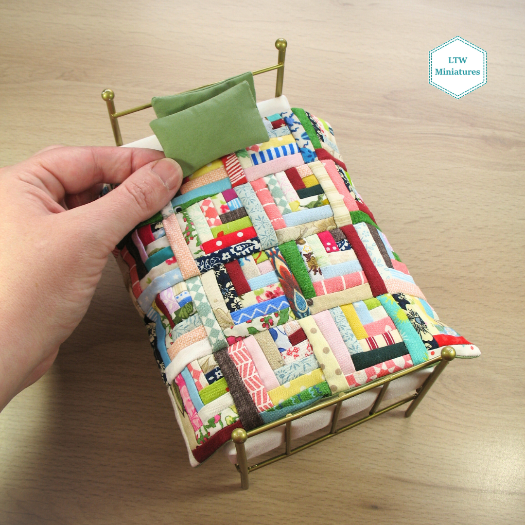 Scrappy Log Cabin Single Quilt and Pillows for 1:12 Dollhouse