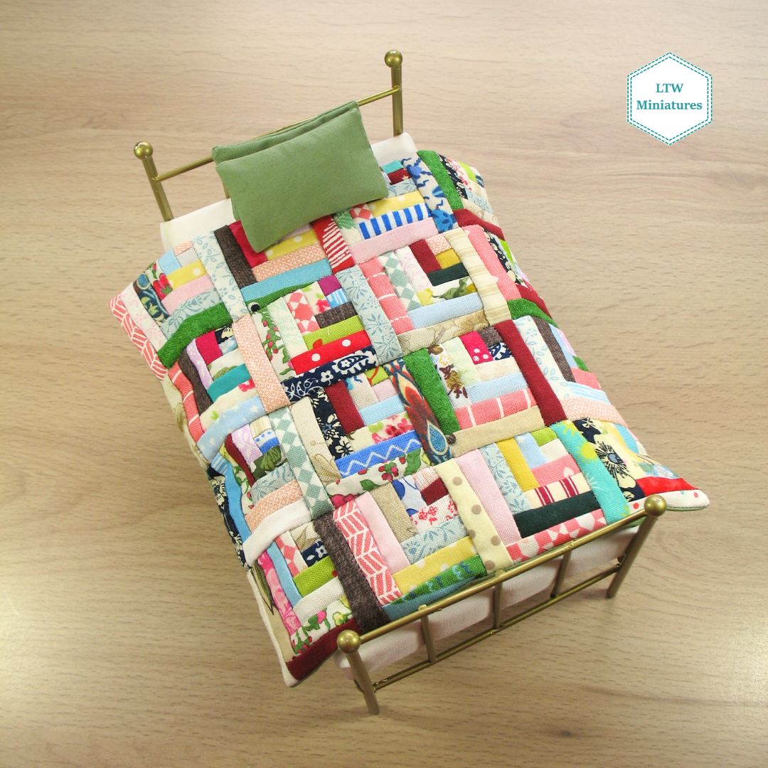 Scrappy Log Cabin Single Quilt and Pillows for 1:12 Dollhouse