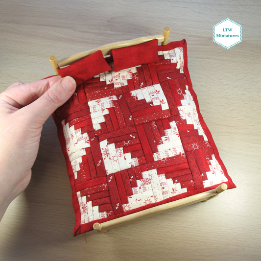 Christmas Dollhouse Miniature Quilt - Red and White Log Cabin - and Pillows for 1:12 Double Bed