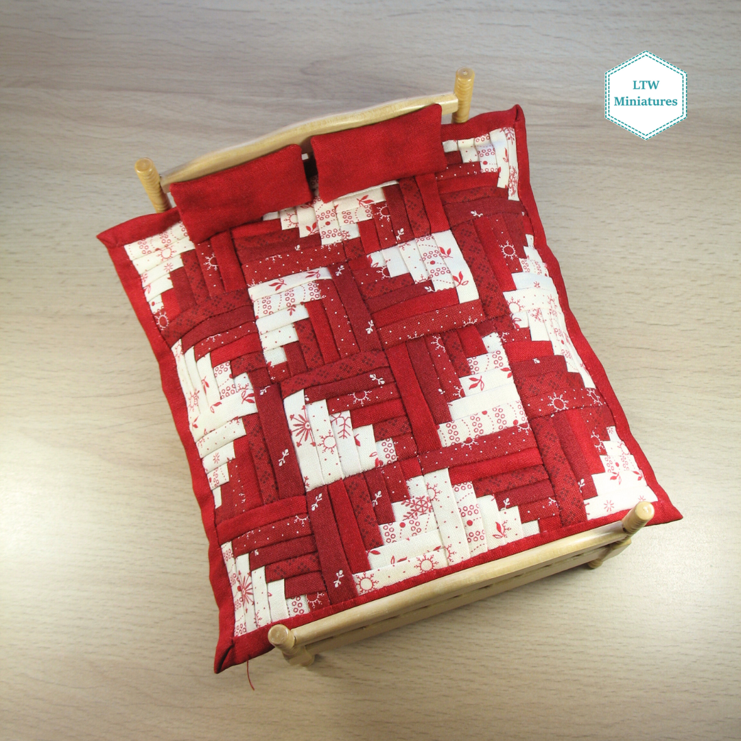 Christmas Dollhouse Miniature Quilt - Red and White Log Cabin - and Pillows for 1:12 Double Bed