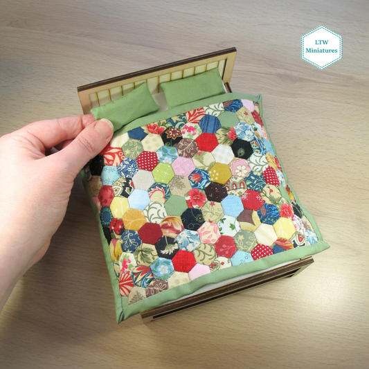 Scrappy 3/8" Hexies Double Quilt and Pillows for 1:12 Dollhouse