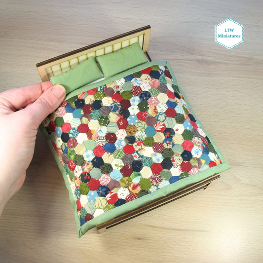 Scrappy Hexies Double Quilt and Pillows for 1:12 Dollhouse