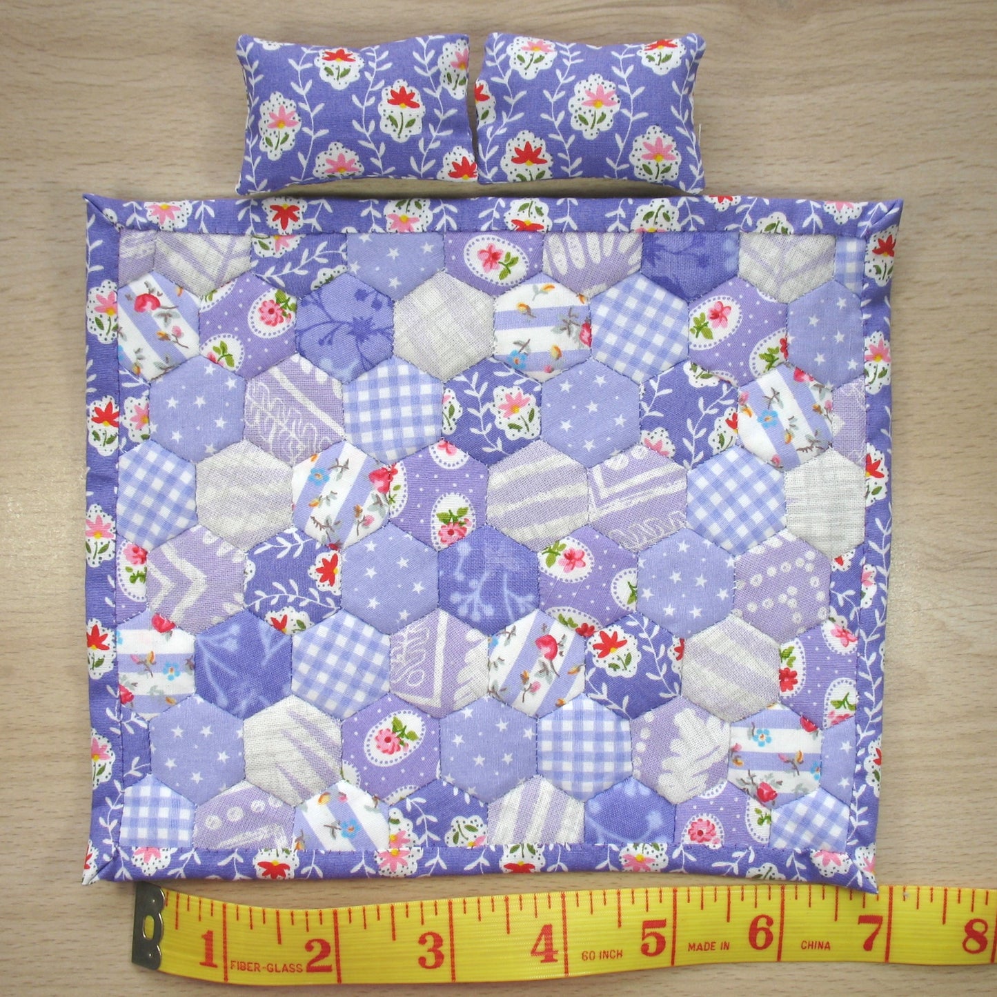 Purple Hexies Double Quilt and Pillows for 1:12 Dollhouse