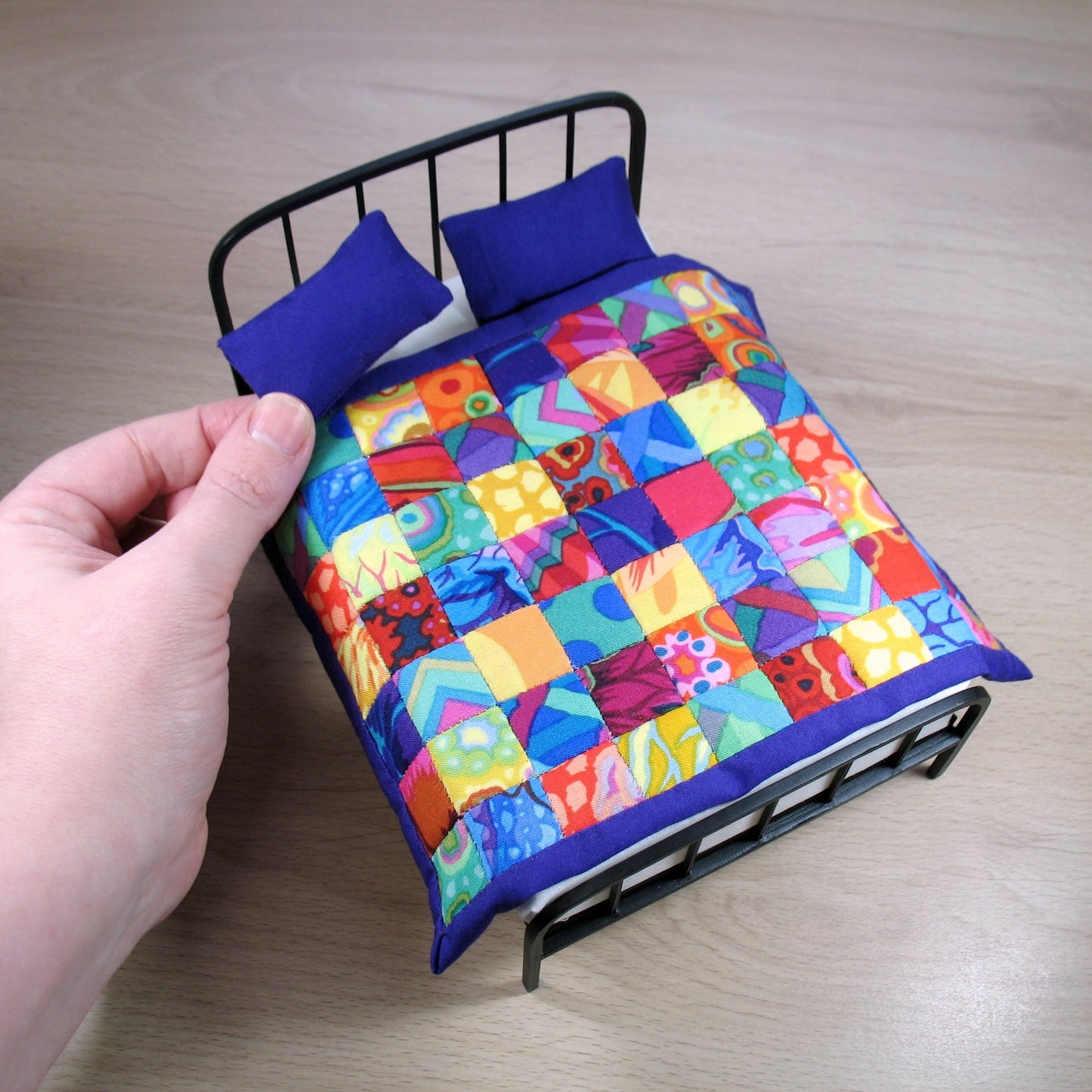 Bright Rainbow Squares Double Quilt and Pillows for 1:12 Dollhouse