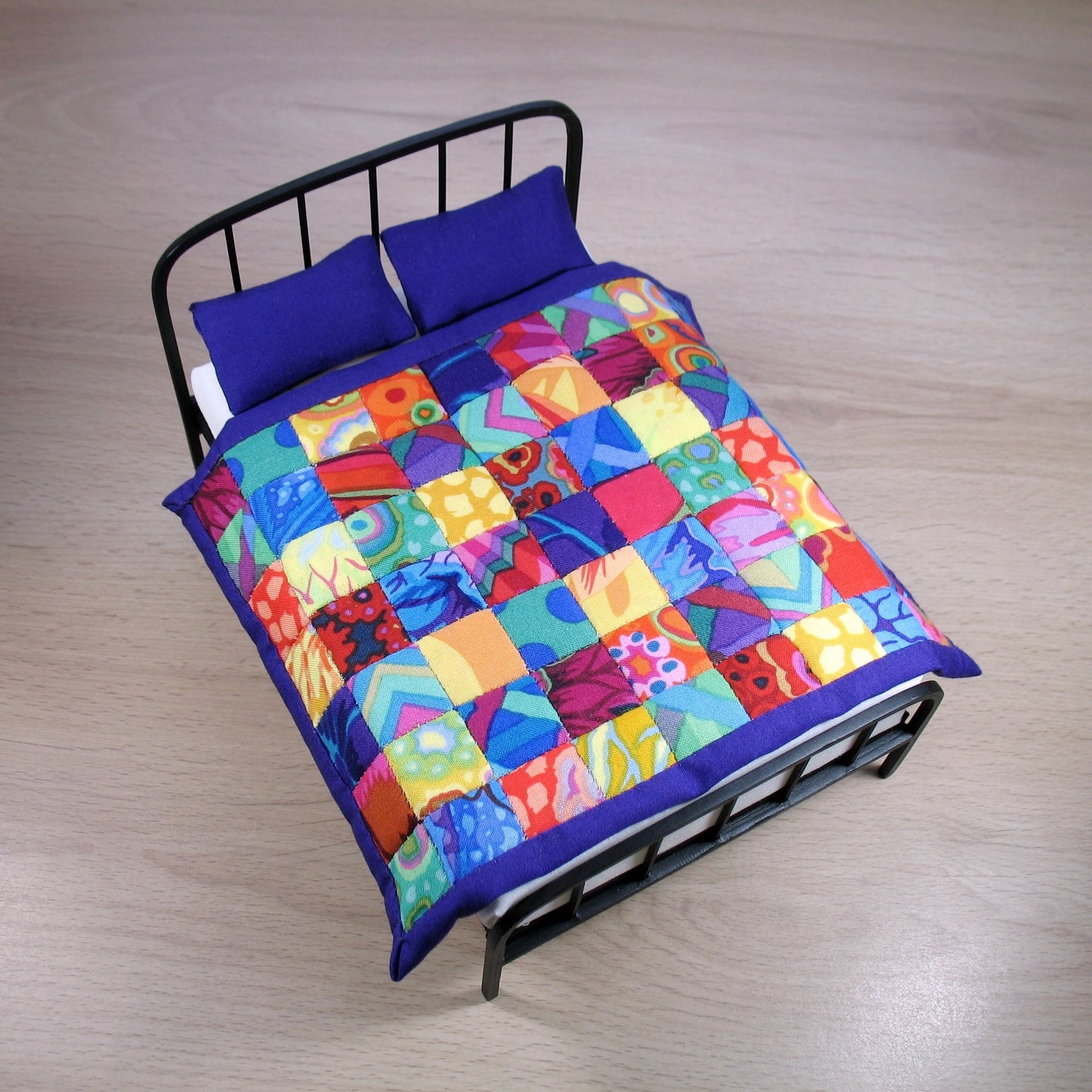 Bright Rainbow Squares Double Quilt and Pillows for 1:12 Dollhouse