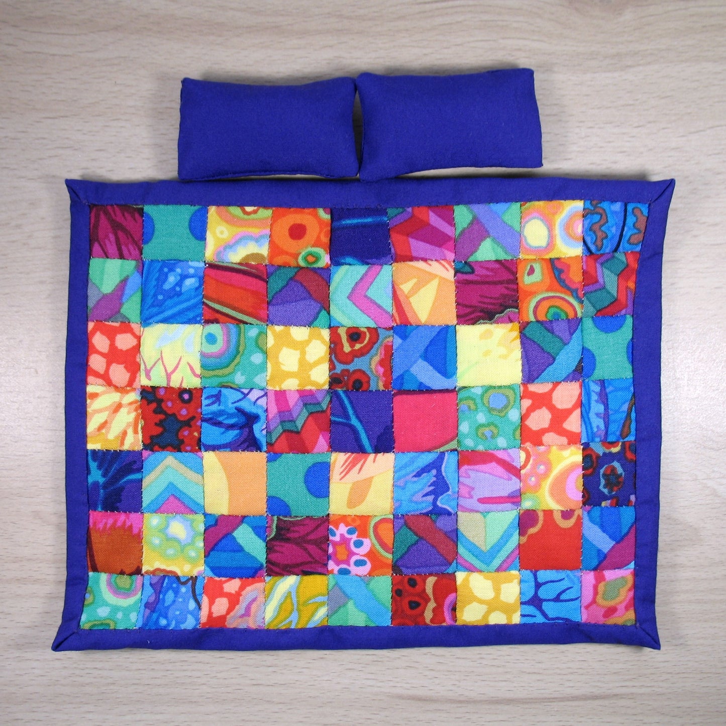 Bright Rainbow Squares Double Quilt and Pillows for 1:12 Dollhouse