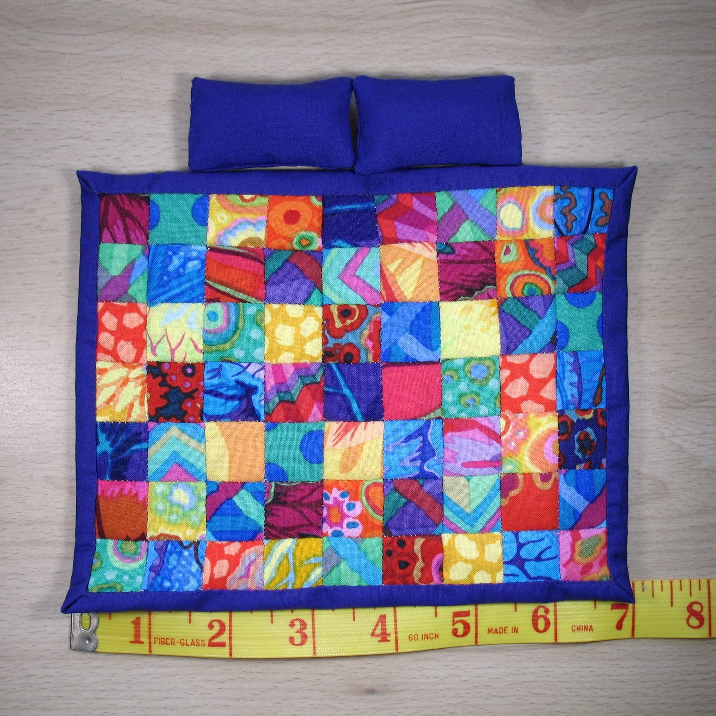 Bright Rainbow Squares Double Quilt and Pillows for 1:12 Dollhouse