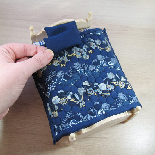 Navy Blue Hexie Zigzag Single Quilt and Pillows for 1:12 Dollhouse
