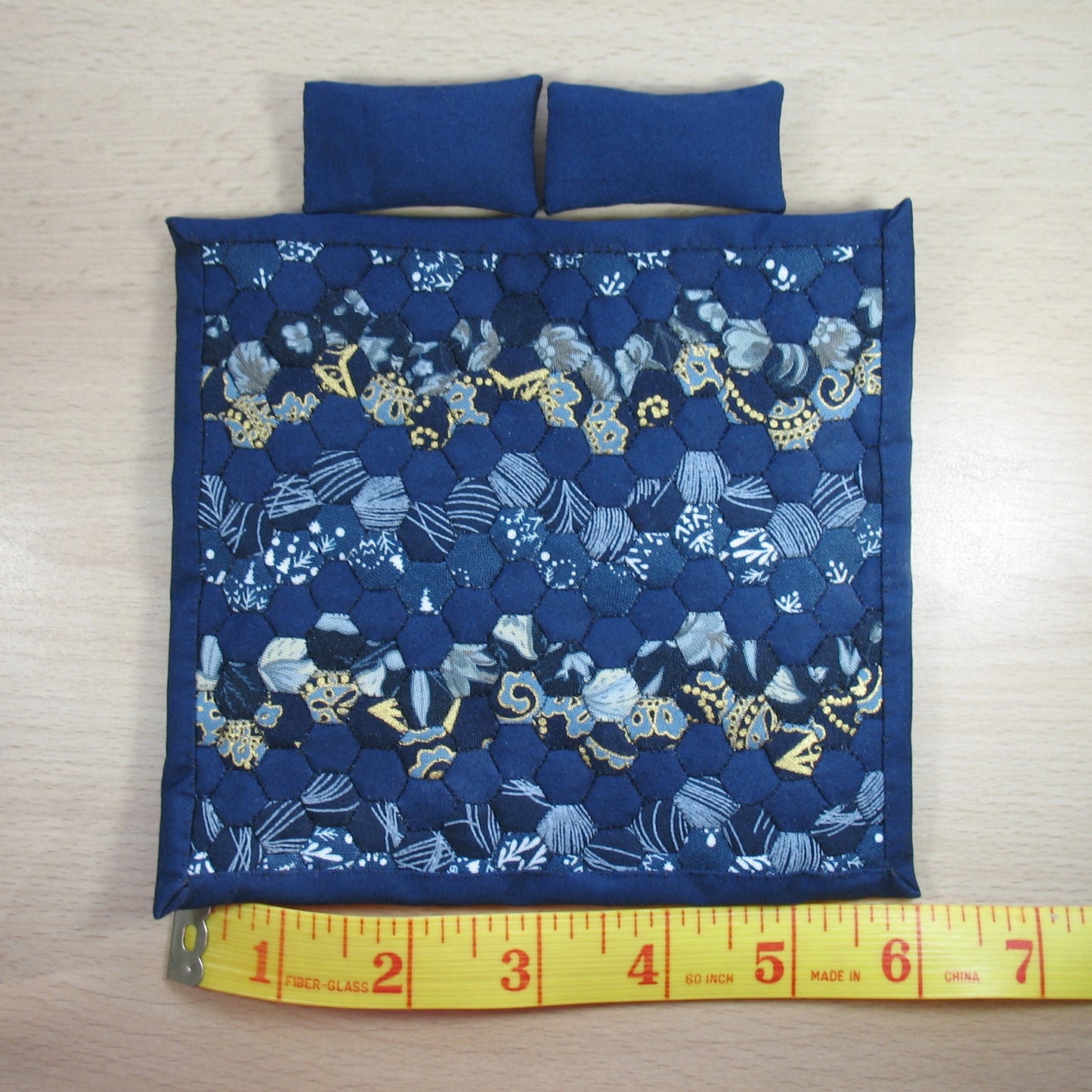 Navy Blue Hexie Zigzag Single Quilt and Pillows for 1:12 Dollhouse