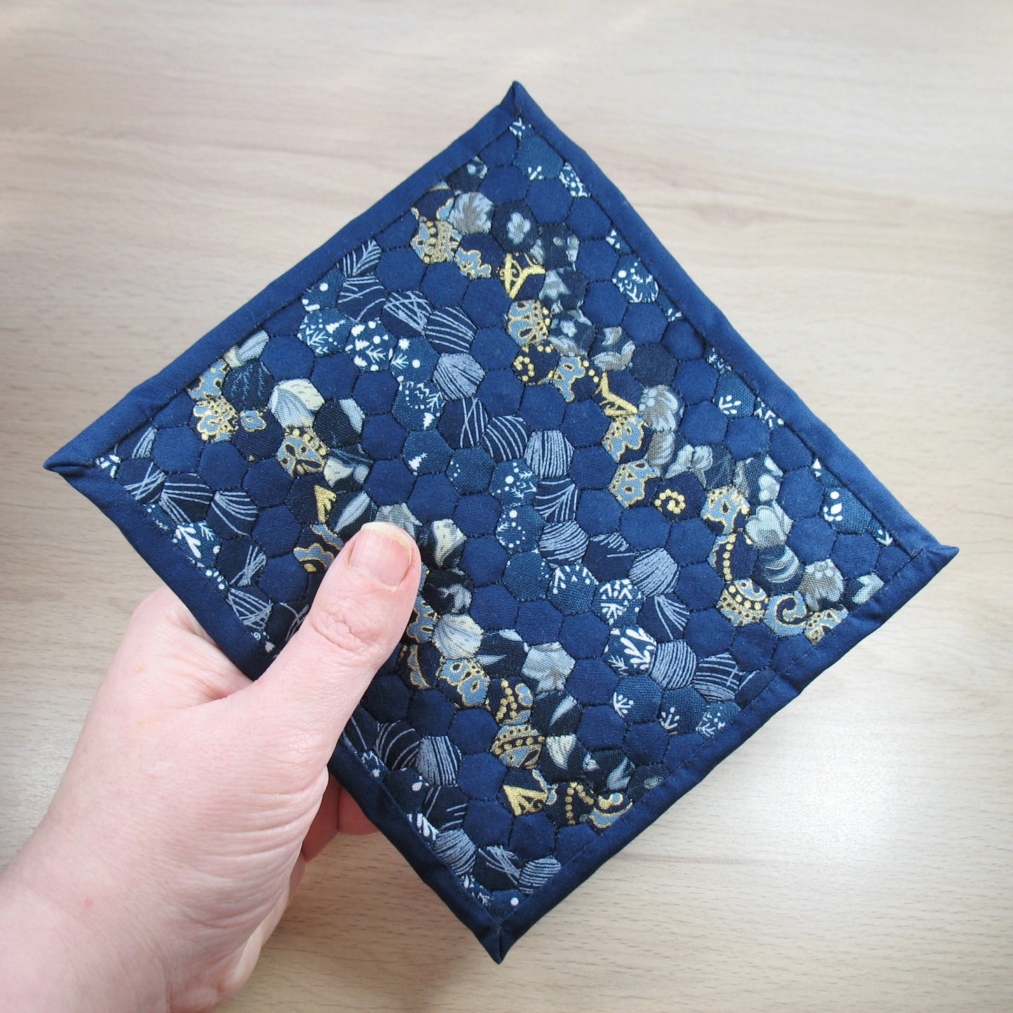 Navy Blue Hexie Zigzag Single Quilt and Pillows for 1:12 Dollhouse
