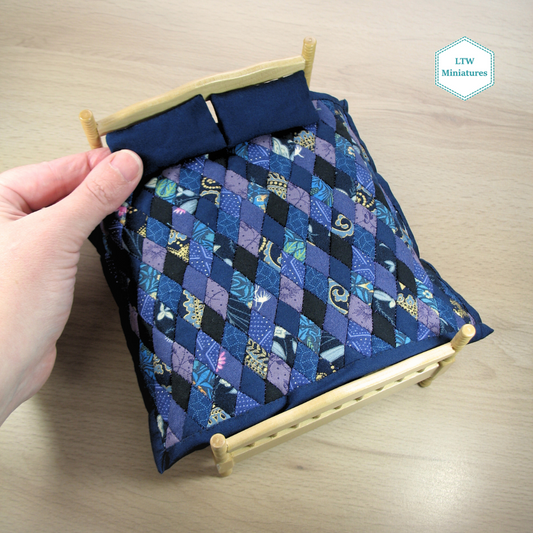 Blue and Purple Double Quilt and Pillows for 1:12 Dollhouse