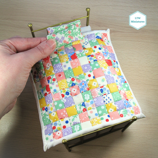 Bright Squares Single Quilt and Pillows for 1:12 Dollhouse