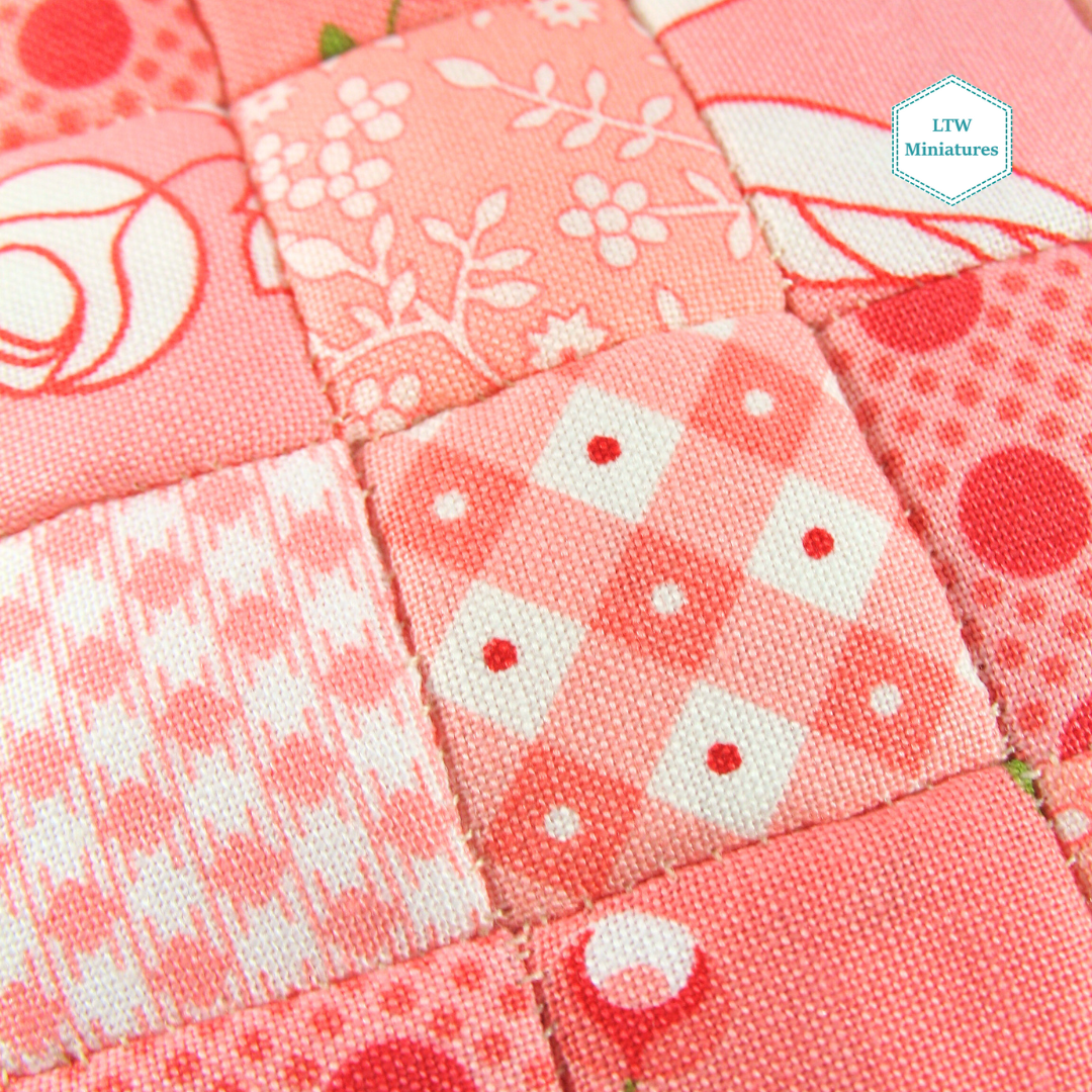 Coral Squares Double Quilt and Pillows for 1:12 Dollhouse
