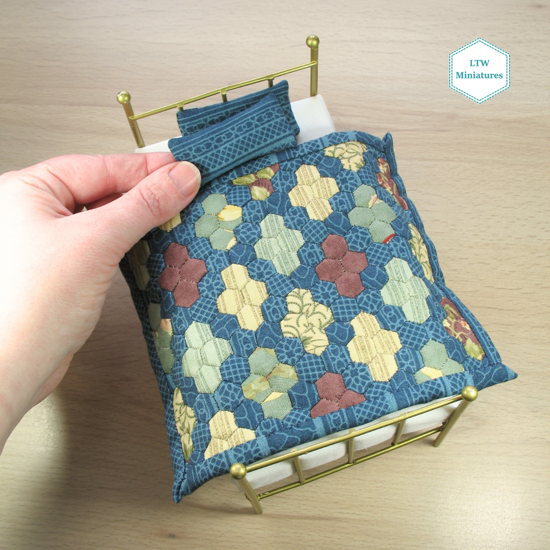 Blue Diamond Hexies Single Quilt and Pillows for 1:12 Dollhouse