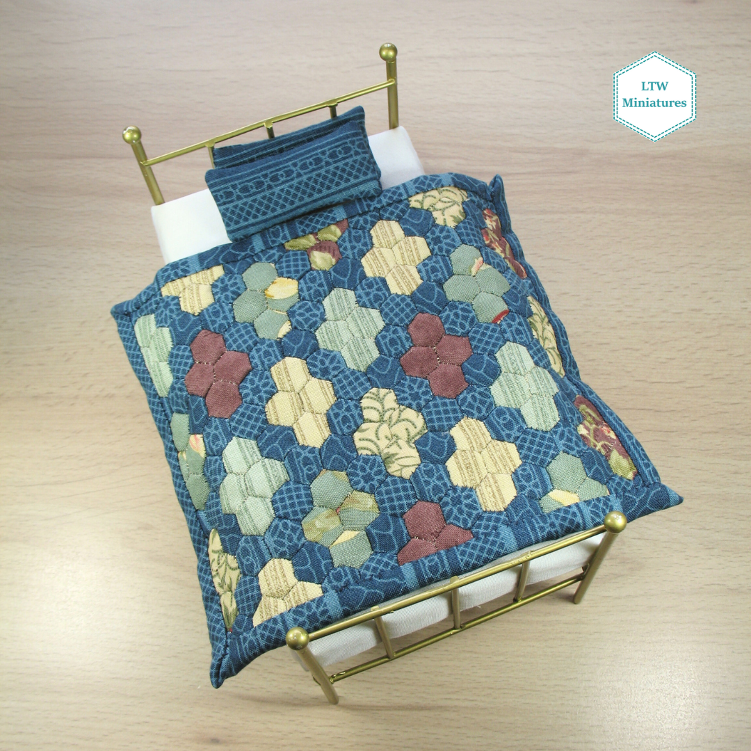 Blue Diamond Hexies Single Quilt and Pillows for 1:12 Dollhouse